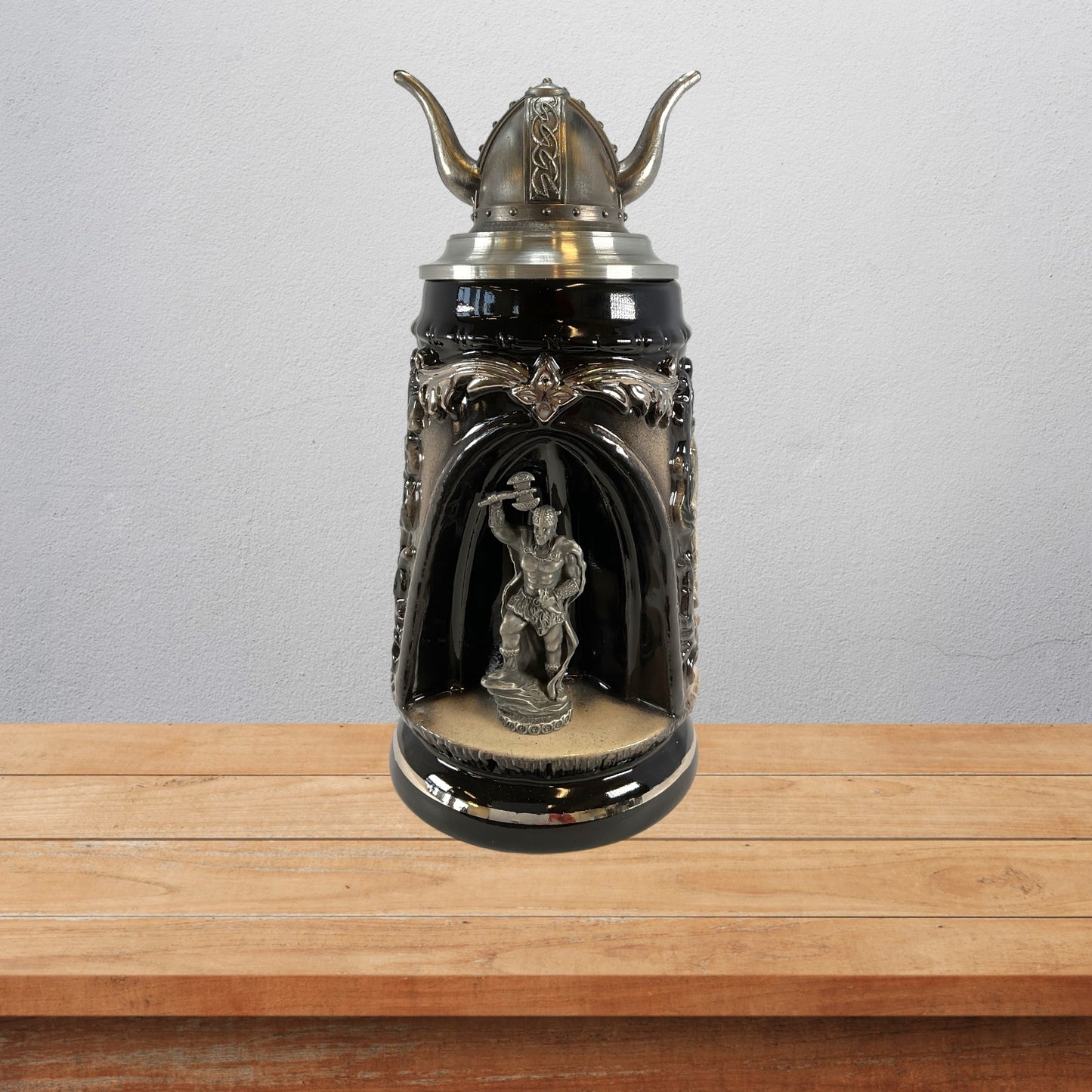 Pinnacle Peak Trading Viking Warrior in Grotto with Pewter Viking Helmet Lid LE German Beer Stein .5 L by King Werks