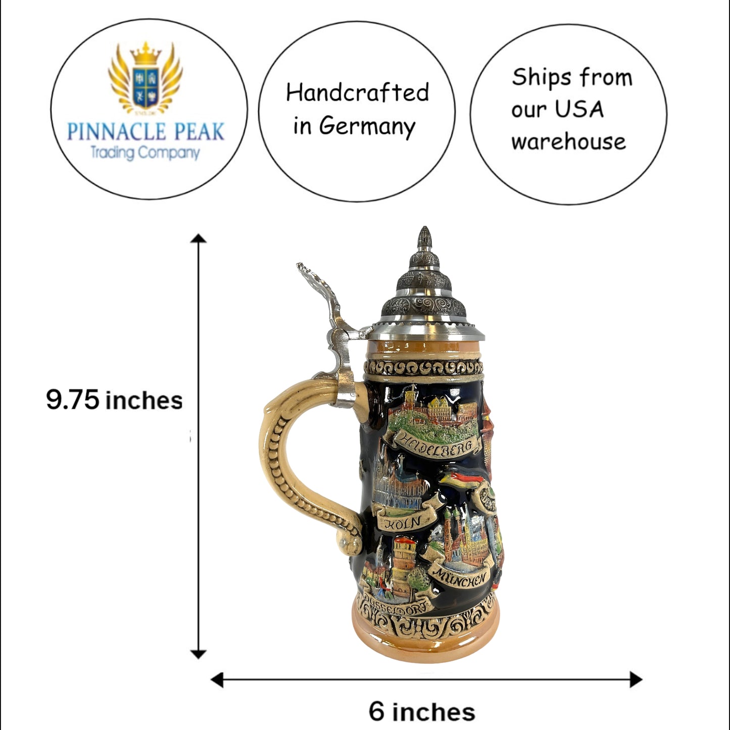 Pinnacle Peak Trading Deutschland Germany Painted City Landscapes LE German Beer Stein .5 L Pewter Lid by King Werks