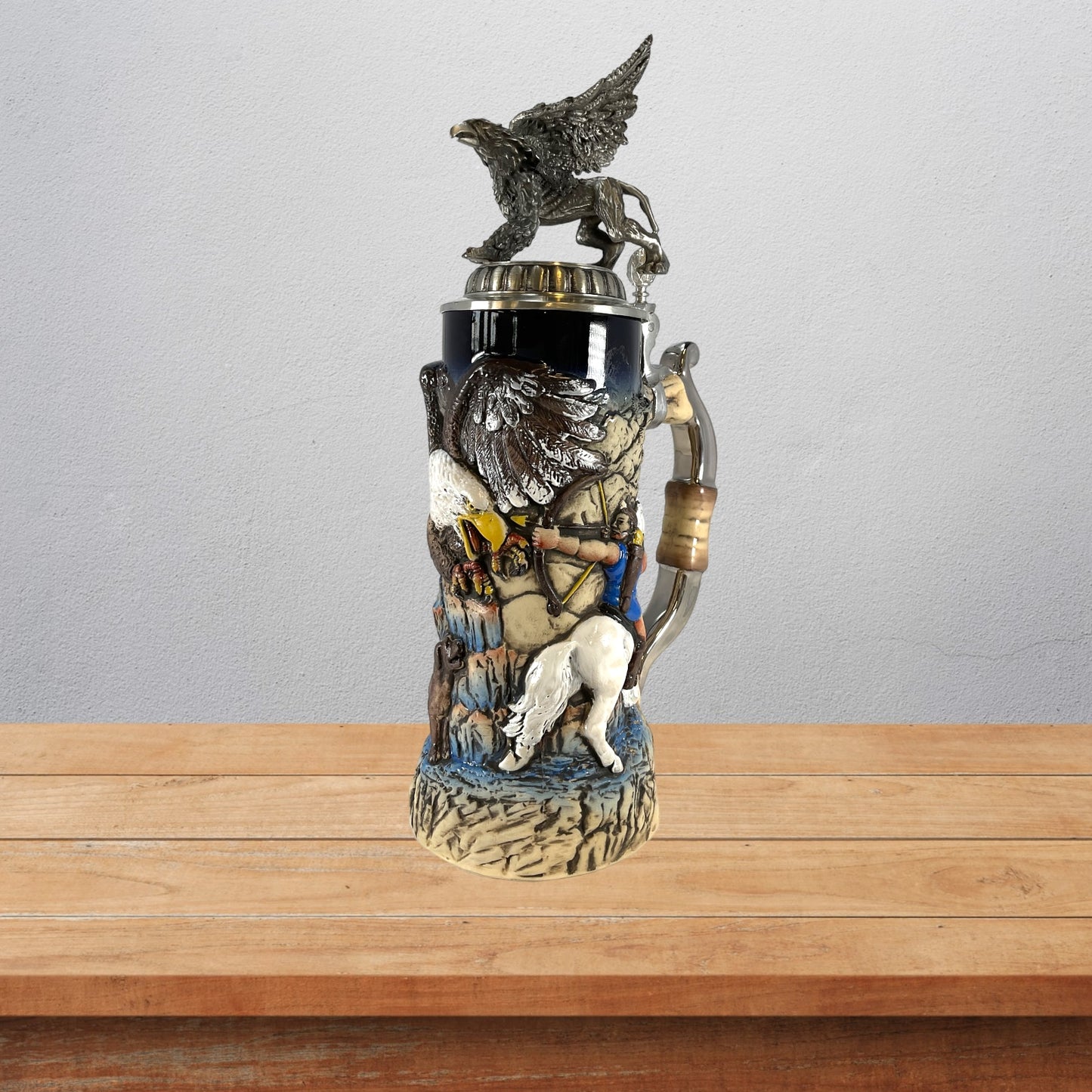 Pinnacle Peak Trading Hunters and Griffin with 3D Pewter Lid LE German Stoneware Beer Stein .75 L by King Werk