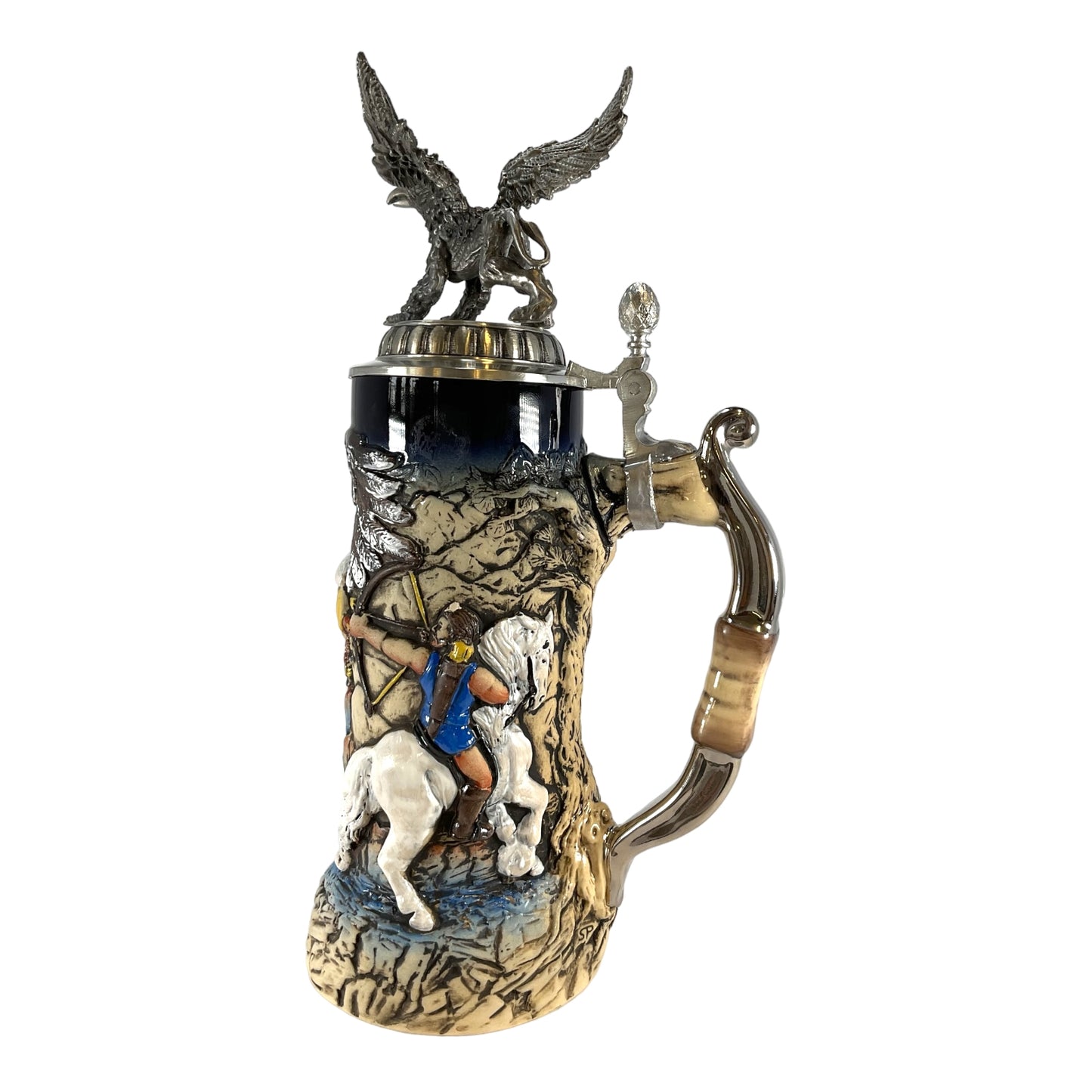 Pinnacle Peak Trading Hunters and Griffin with 3D Pewter Lid LE German Stoneware Beer Stein .75 L by King Werk