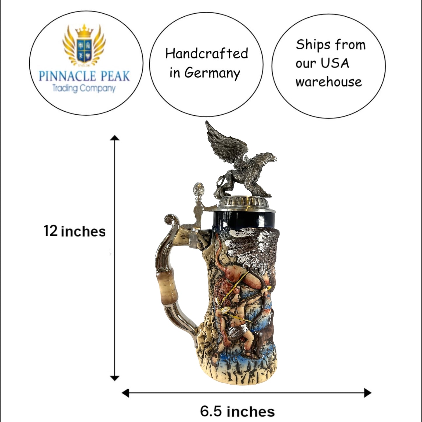 Pinnacle Peak Trading Hunters and Griffin with 3D Pewter Lid LE German Stoneware Beer Stein .75 L by King Werk