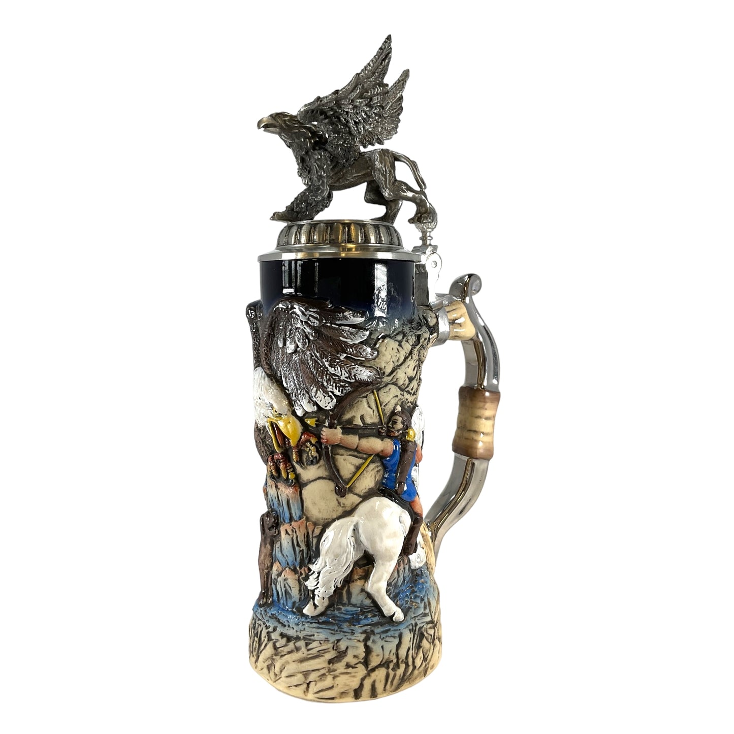 Pinnacle Peak Trading Hunters and Griffin with 3D Pewter Lid LE German Stoneware Beer Stein .75 L by King Werk