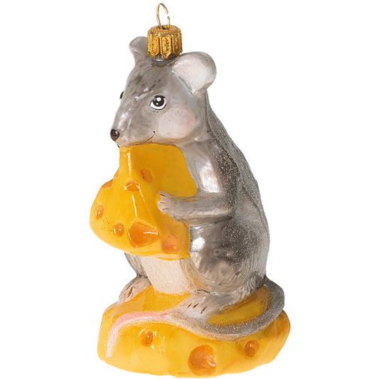 Mouse Eating Cheese Polish Mouth Blown Glass Christmas Ornament Decoration