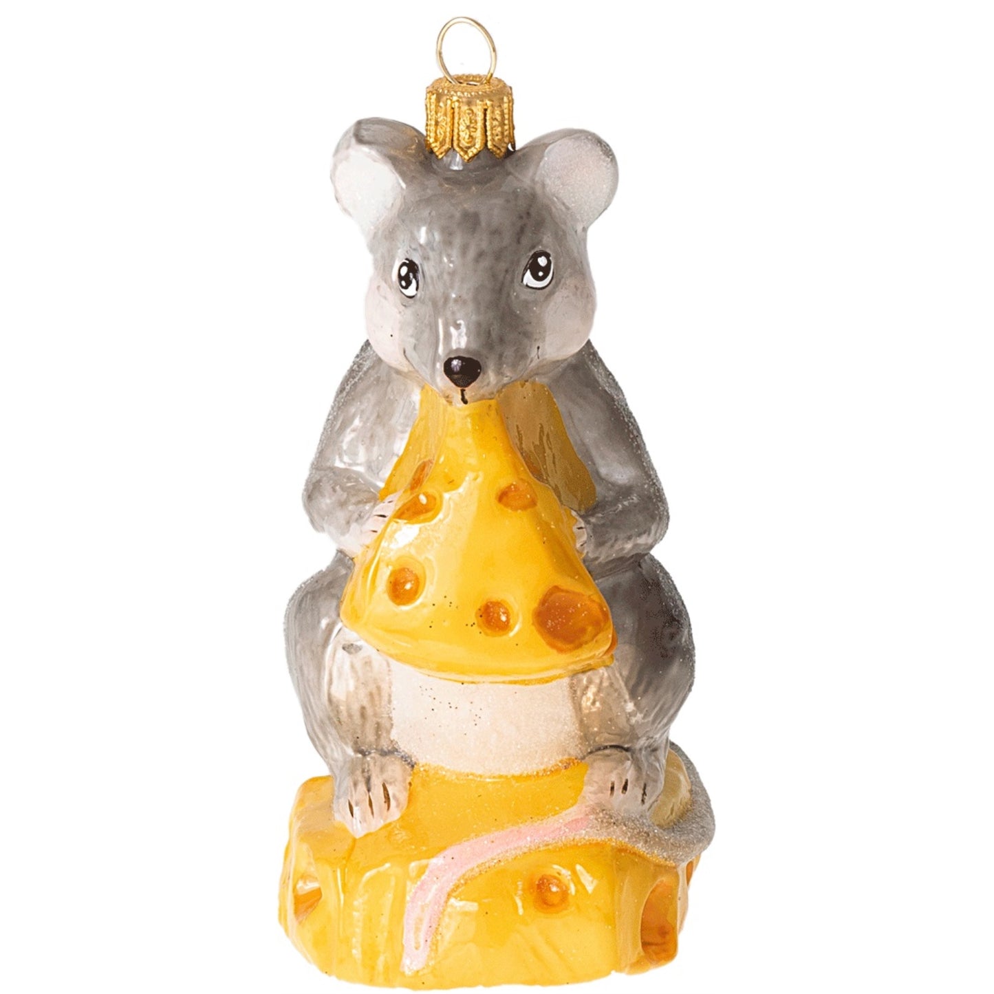 Mouse Eating Cheese Polish Mouth Blown Glass Christmas Ornament Decoration