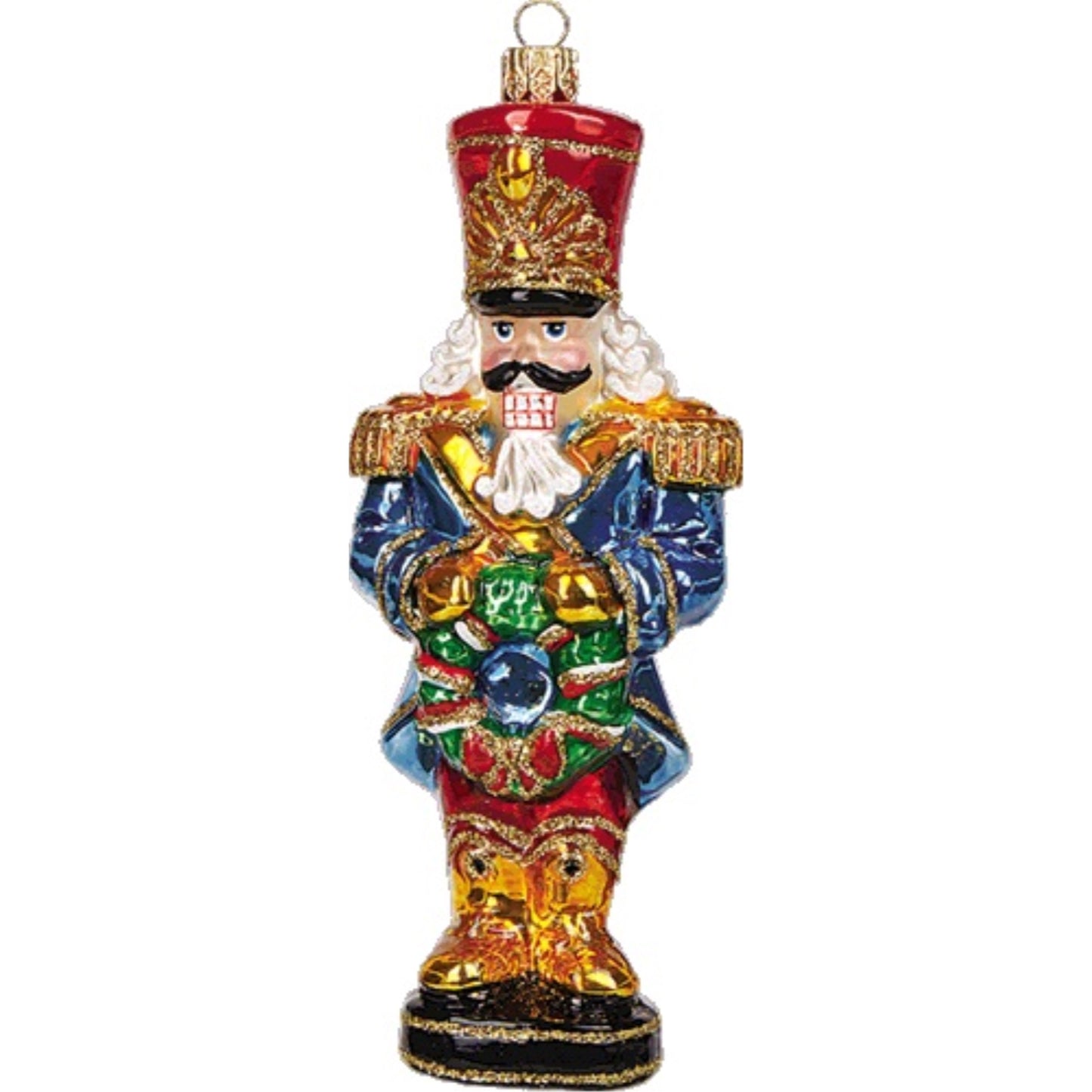 Blue Nutcracker Holding Wreath Polish Glass Christmas Ornament Made in Poland