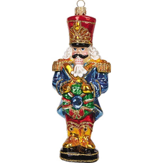Blue Nutcracker Holding Wreath Polish Glass Christmas Ornament Made in Poland