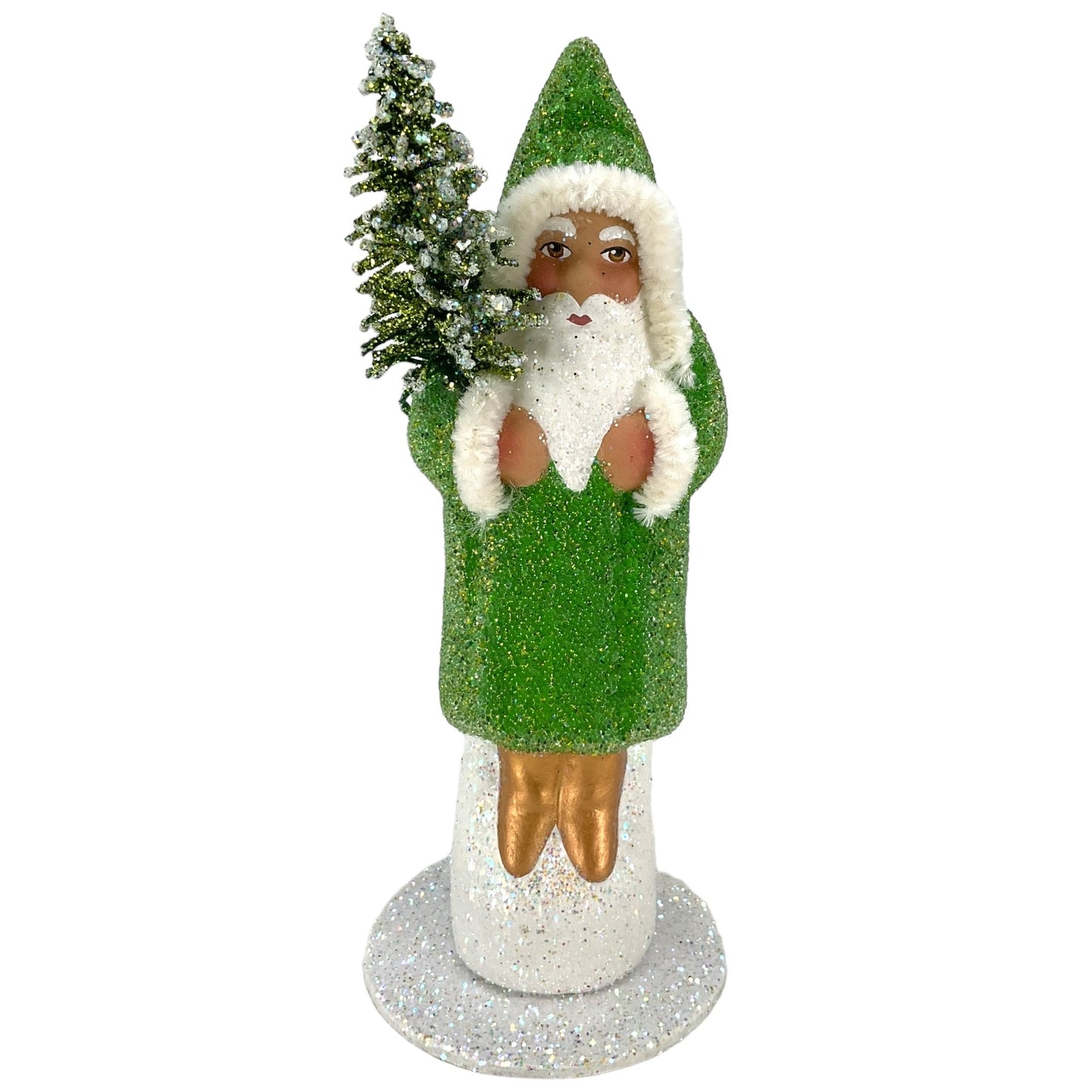 Pinnacle Peak Trading Ino Schaller Lime Green Beaded Santa Holding Tree German Paper Mache