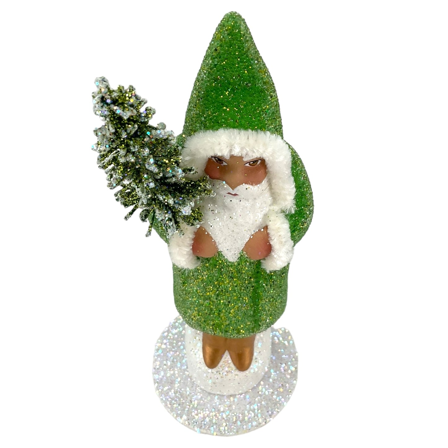 Pinnacle Peak Trading Ino Schaller Lime Green Beaded Santa Holding Tree German Paper Mache