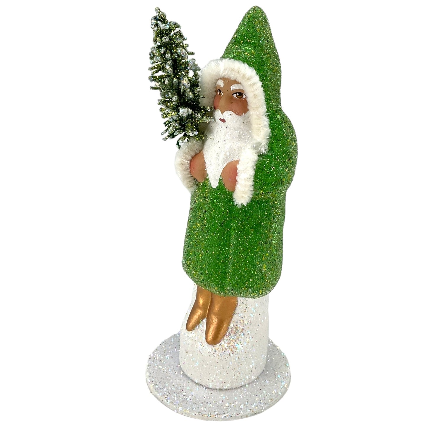 Pinnacle Peak Trading Ino Schaller Lime Green Beaded Santa Holding Tree German Paper Mache