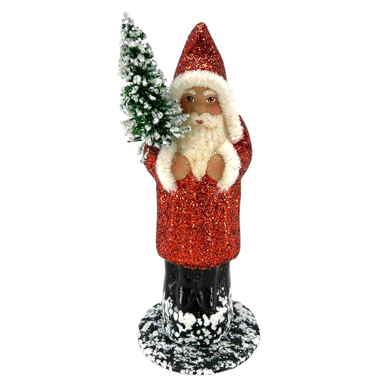 Pinnacle Peak Trading Ino Schaller Copper Red Glitter Santa Holding Tree German Paper Mache