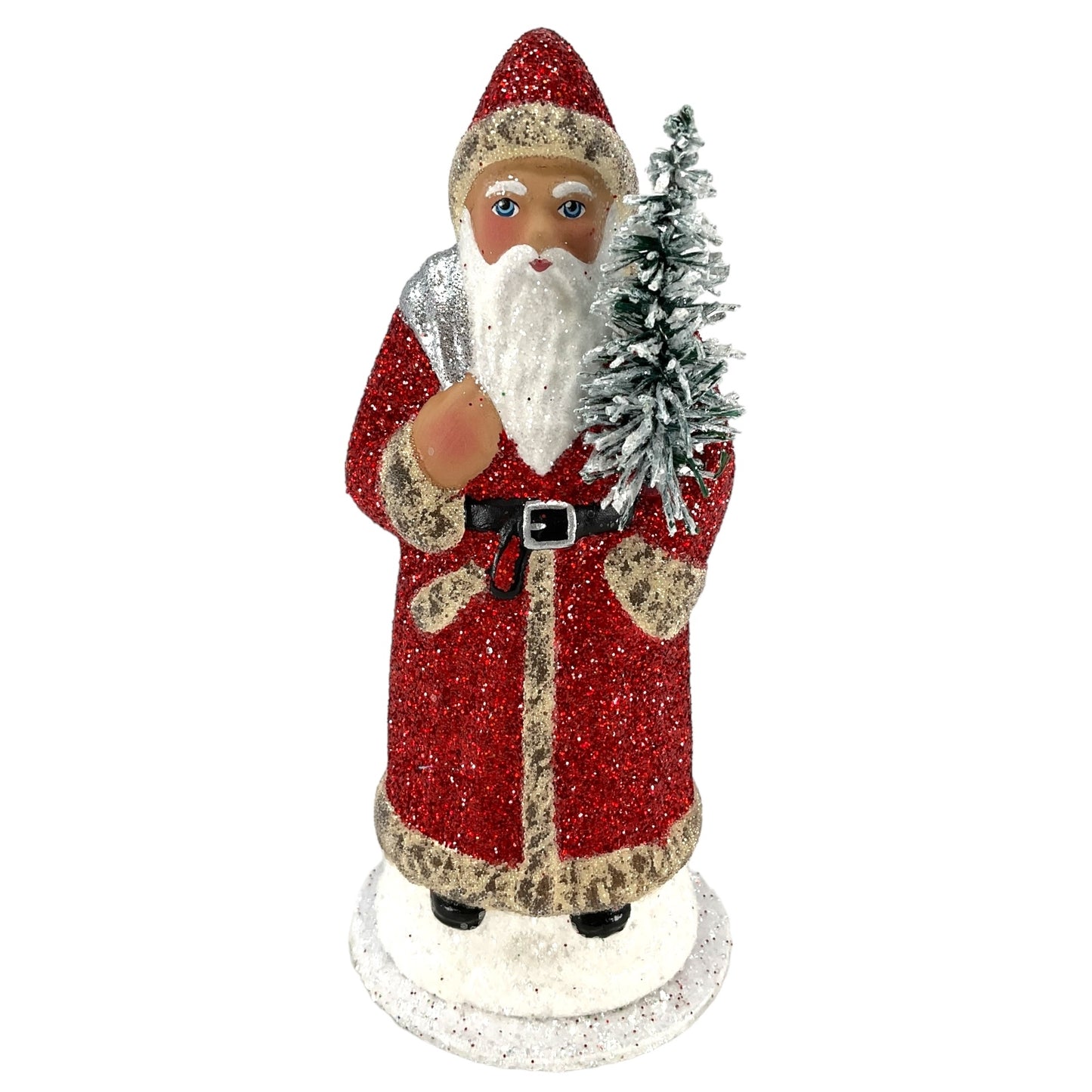 Pinnacle Peak Trading Ino Schaller Red Glitter Santa with Silver Bag German Paper Mache Candy Container