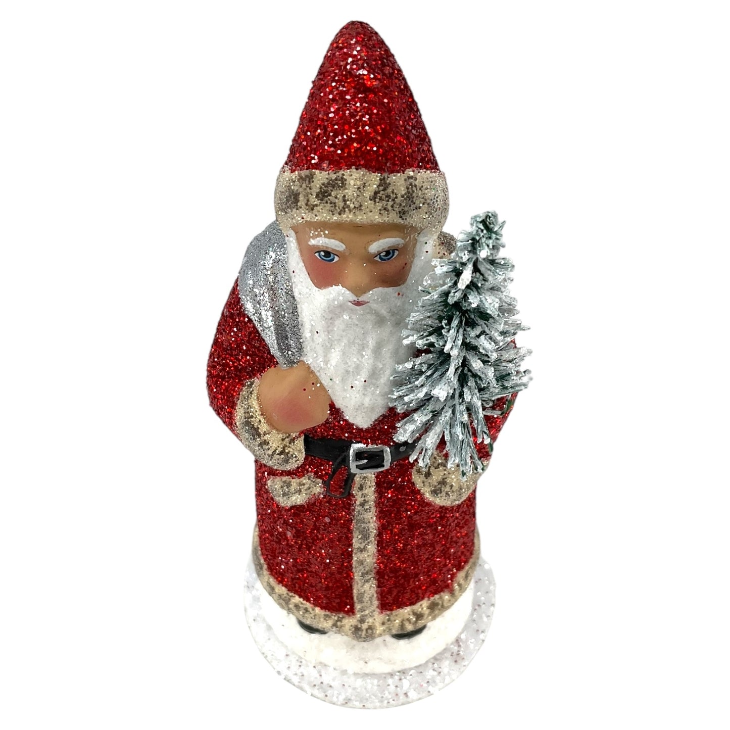 Pinnacle Peak Trading Ino Schaller Red Glitter Santa with Silver Bag German Paper Mache Candy Container