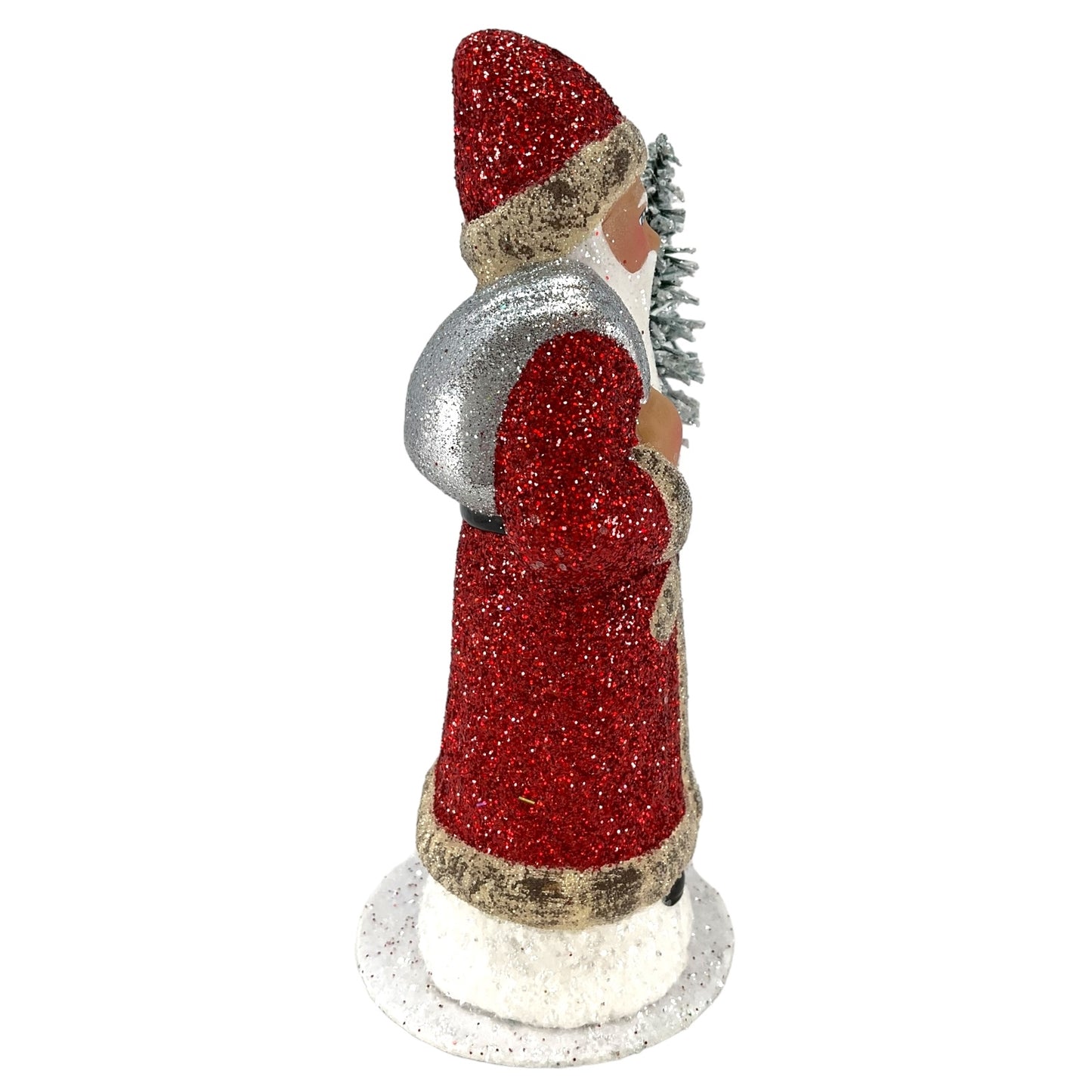 Pinnacle Peak Trading Ino Schaller Red Glitter Santa with Silver Bag German Paper Mache Candy Container