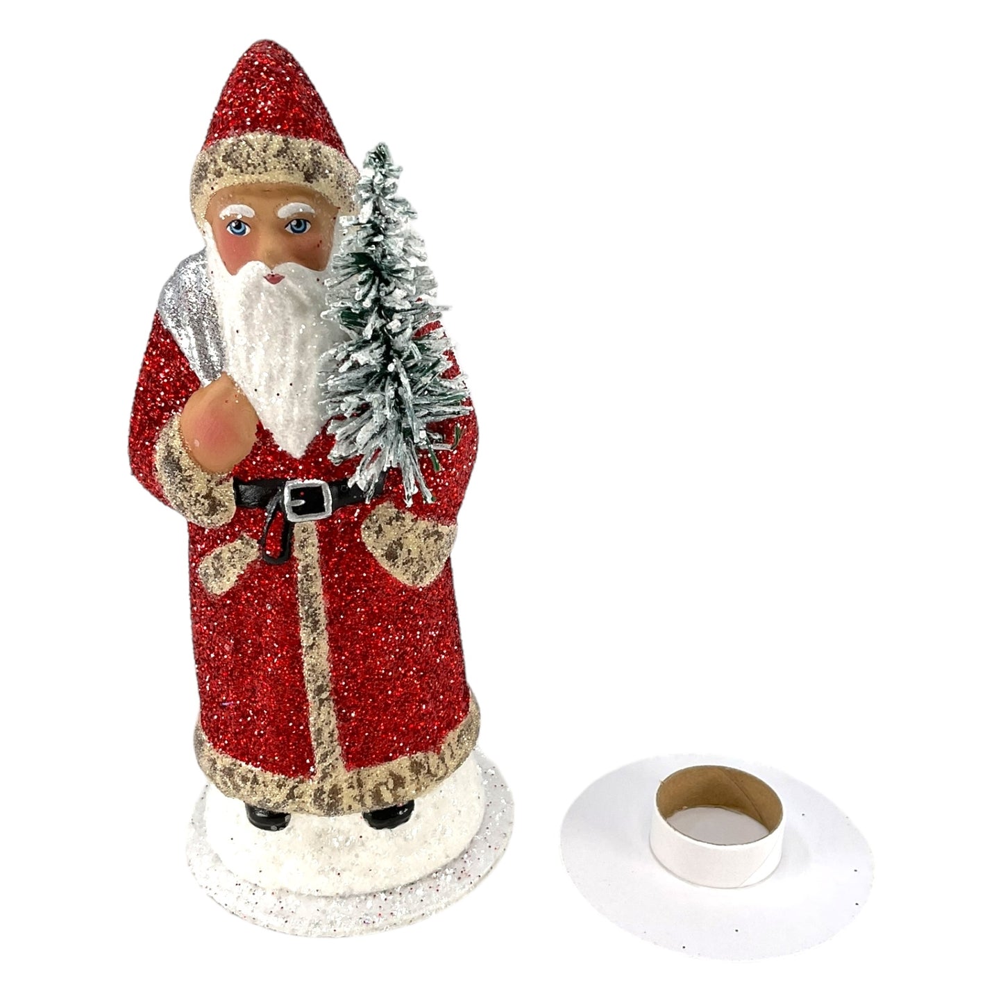 Pinnacle Peak Trading Ino Schaller Red Glitter Santa with Silver Bag German Paper Mache Candy Container