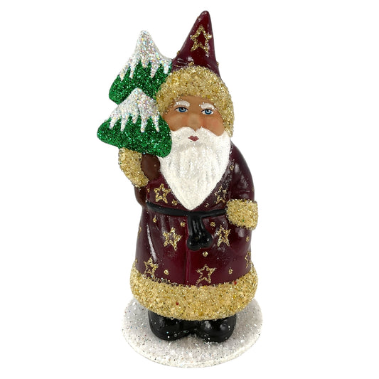 Pinnacle Peak Trading Ino Schaller Burgundy Santa with Gold Glitter Stars German Paper Mache