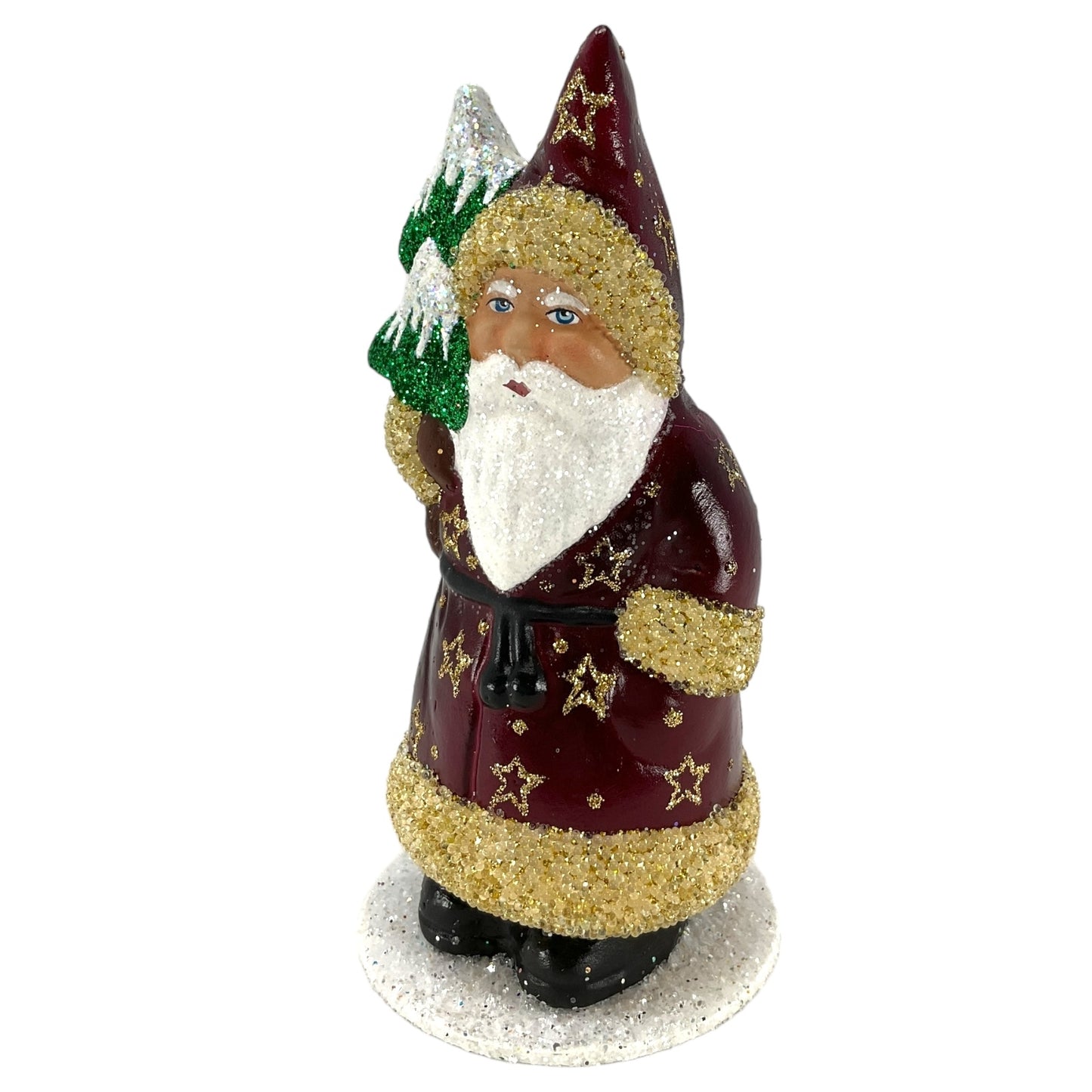 Pinnacle Peak Trading Ino Schaller Burgundy Santa with Gold Glitter Stars German Paper Mache