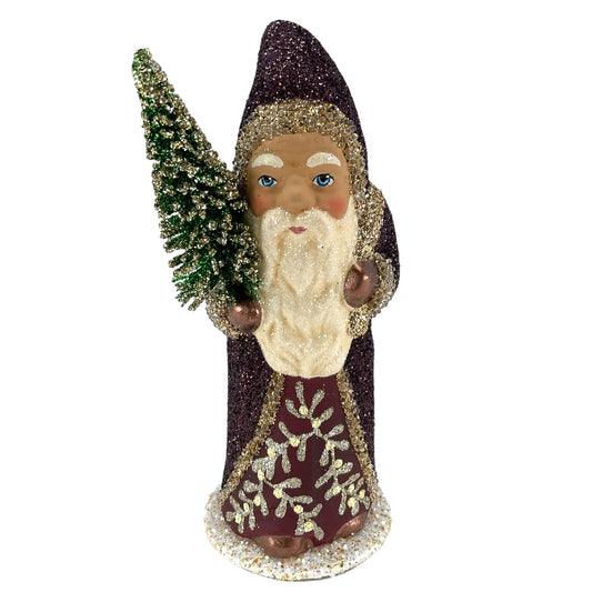 Pinnacle Peak Trading Ino Schaller Bourdeaux Glitter Santa with Gold Bag German Paper Mache Candy Container