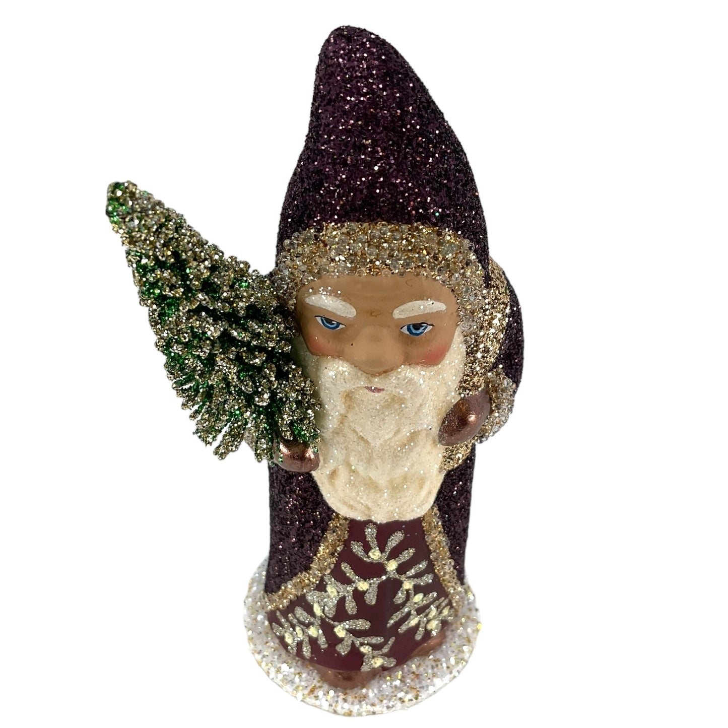 Pinnacle Peak Trading Ino Schaller Bourdeaux Glitter Santa with Gold Bag German Paper Mache Candy Container