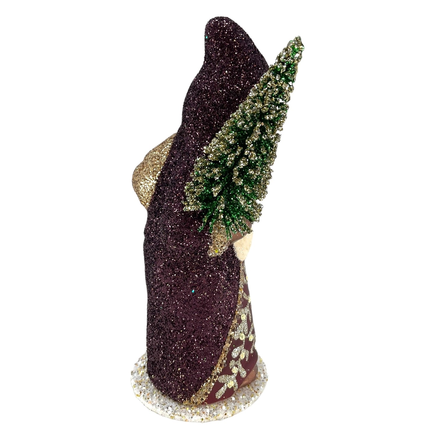 Pinnacle Peak Trading Ino Schaller Bourdeaux Glitter Santa with Gold Bag German Paper Mache Candy Container