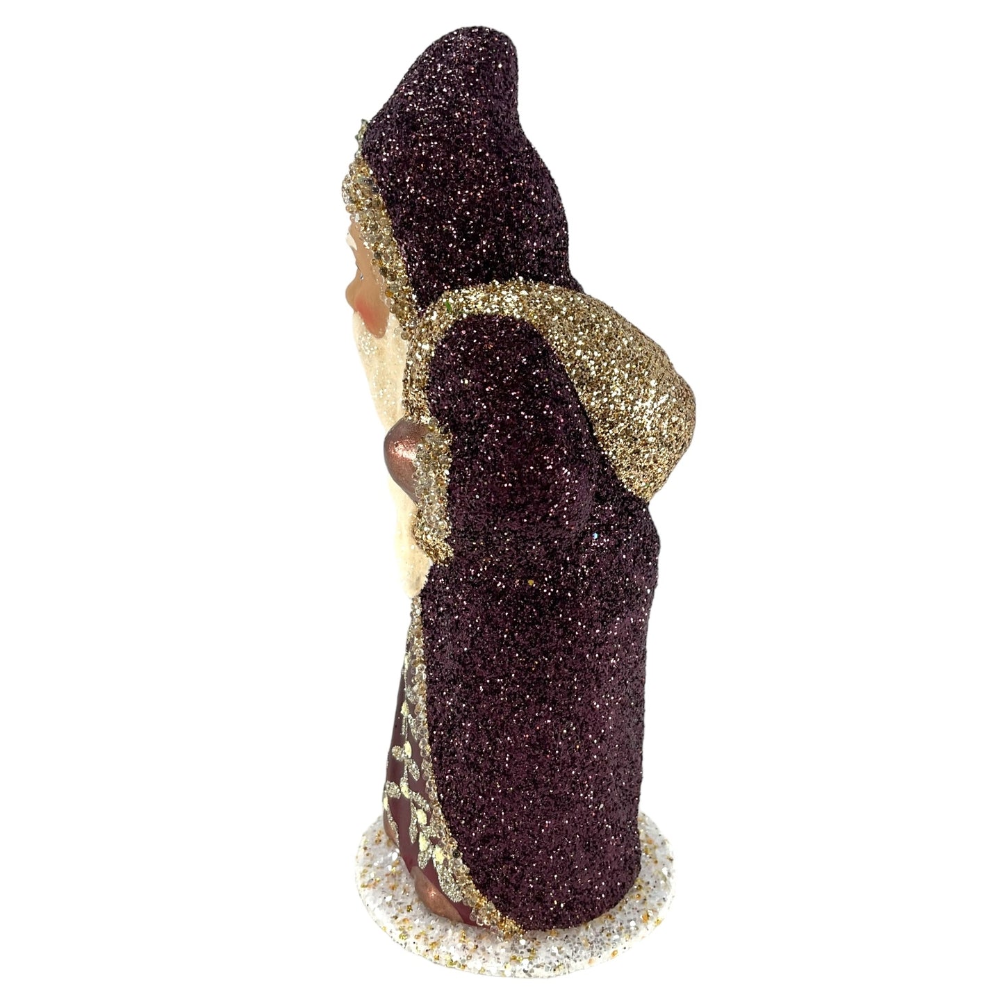 Pinnacle Peak Trading Ino Schaller Bourdeaux Glitter Santa with Gold Bag German Paper Mache Candy Container