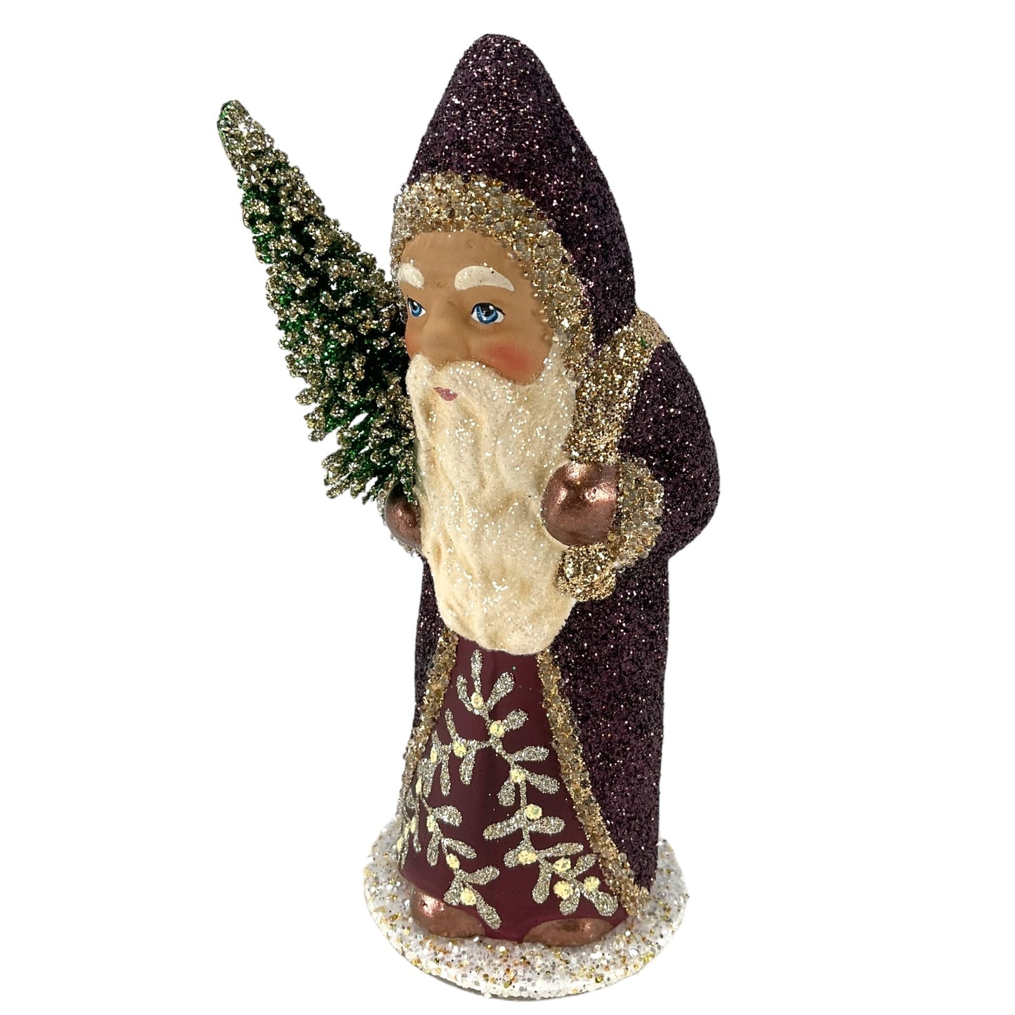 Pinnacle Peak Trading Ino Schaller Bourdeaux Glitter Santa with Gold Bag German Paper Mache Candy Container