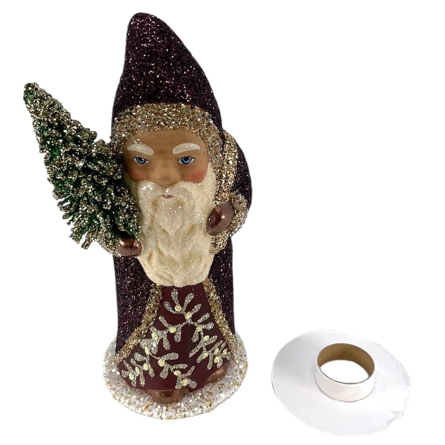 Pinnacle Peak Trading Ino Schaller Bourdeaux Glitter Santa with Gold Bag German Paper Mache Candy Container