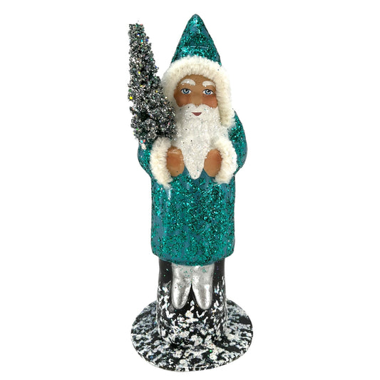 Pinnacle Peak Trading Ino Schaller Petrol Blue Sponged Santa with Silver Tree German Paper Mache