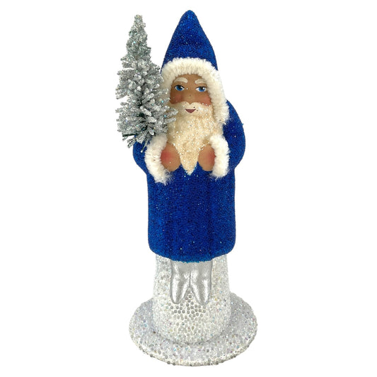 Pinnacle Peak Trading Ino Schaller Blue Beaded Santa with Silver Tree German Paper Mache