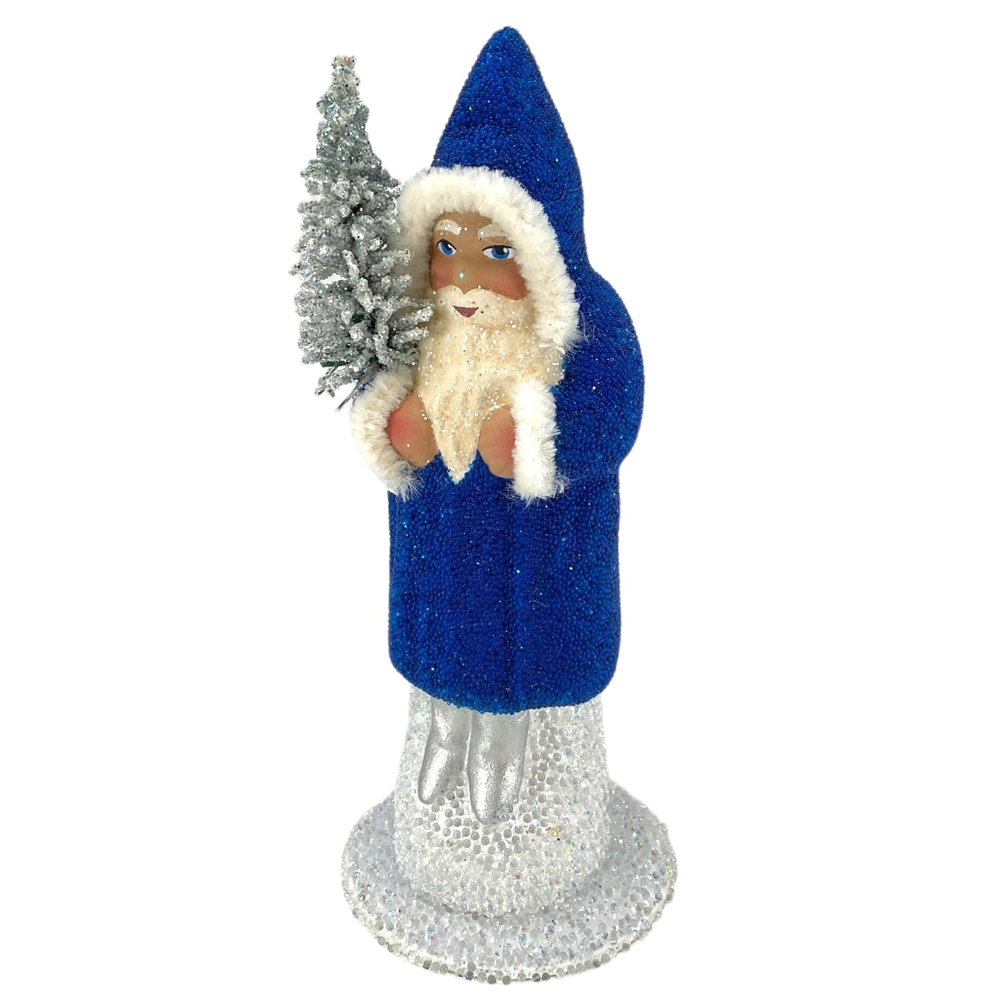 Pinnacle Peak Trading Ino Schaller Blue Beaded Santa with Silver Tree German Paper Mache