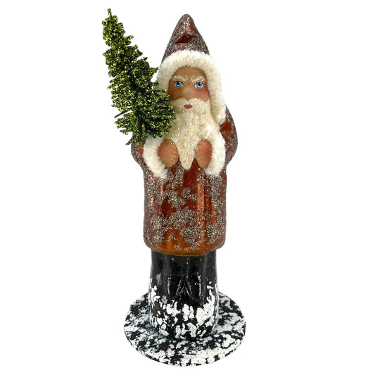 Pinnacle Peak Trading Ino Schaller Brown Sponged Santa with Tree German Christmas Paper Mache