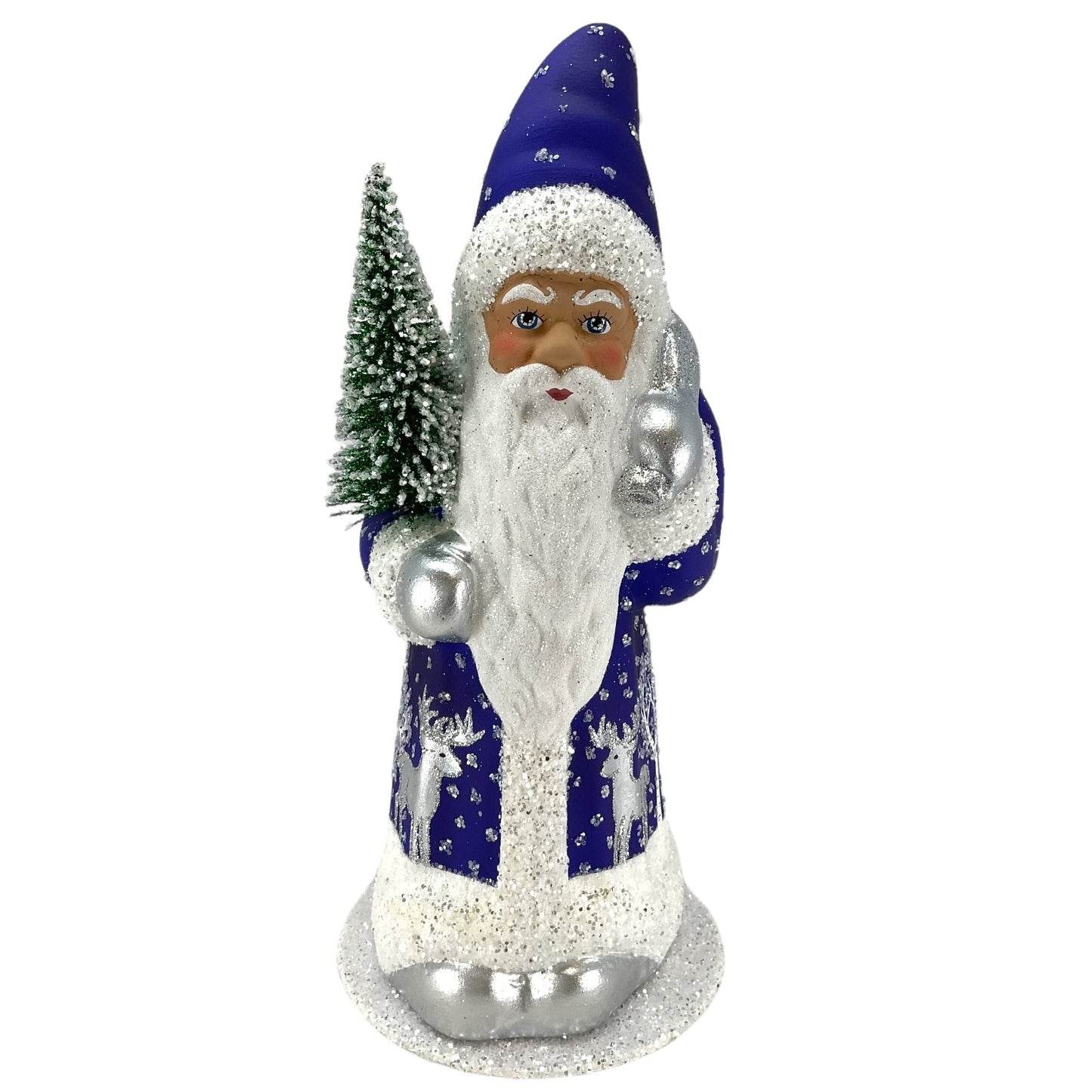 Pinnacle Peak Trading Ino Schaller Deep Blue Santa with Reindeer Decor German Paper Mache Candy Container