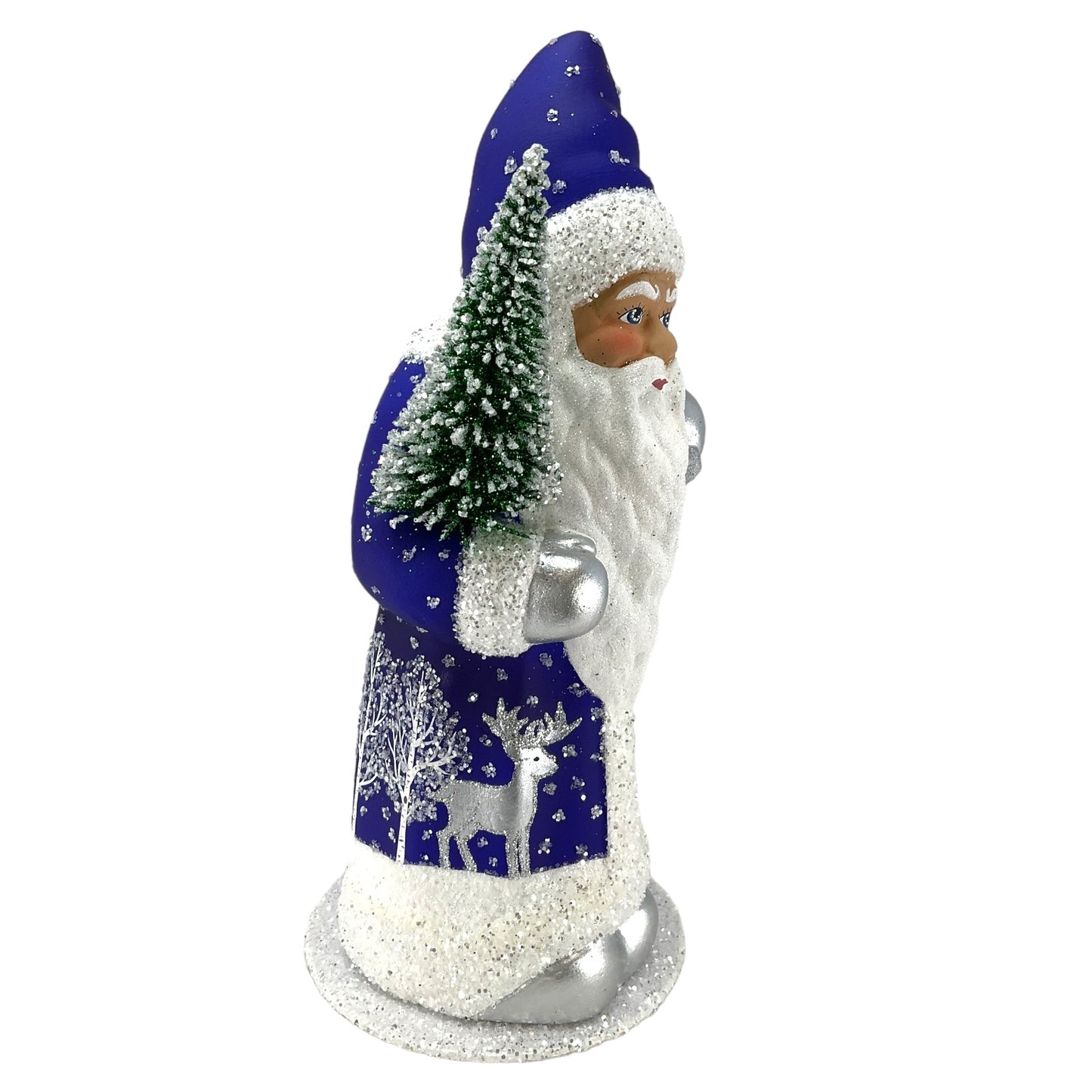 Pinnacle Peak Trading Ino Schaller Deep Blue Santa with Reindeer Decor German Paper Mache Candy Container