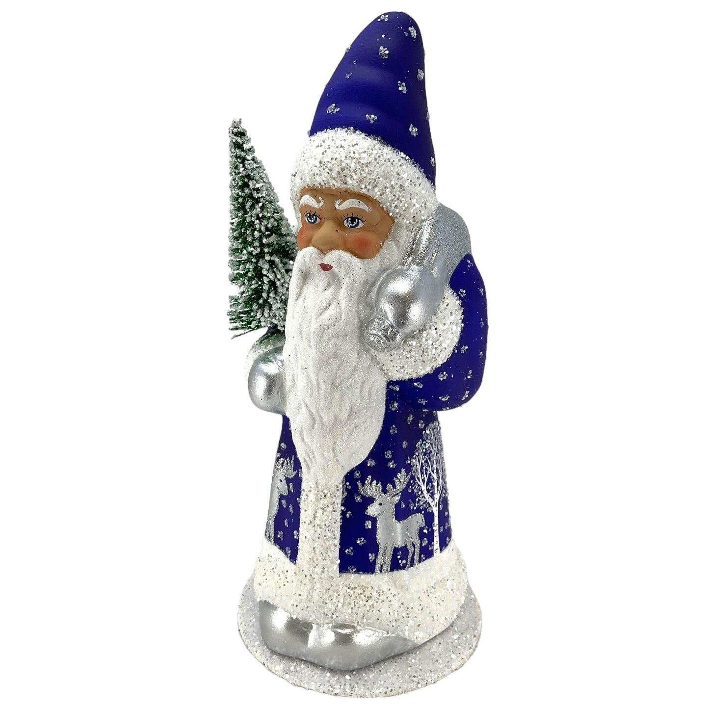 Pinnacle Peak Trading Ino Schaller Deep Blue Santa with Reindeer Decor German Paper Mache Candy Container