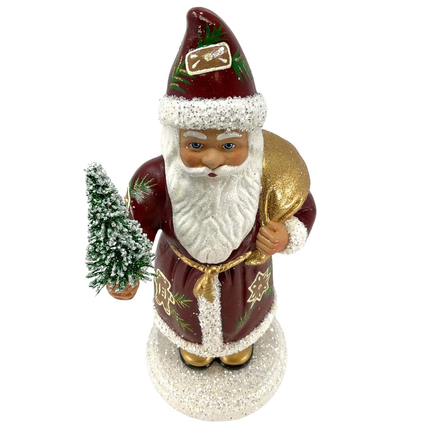 Pinnacle Peak Trading Ino Schaller Old Red Gingerbread Decor Santa with Gold bag German Paper Mache