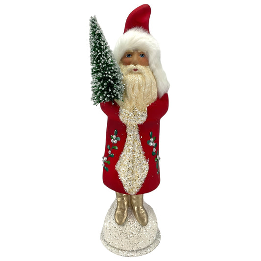 Pinnacle Peak Trading Ino Schaller Light Red Santa with Mistletoe Decor German Paper Mache Candy Container