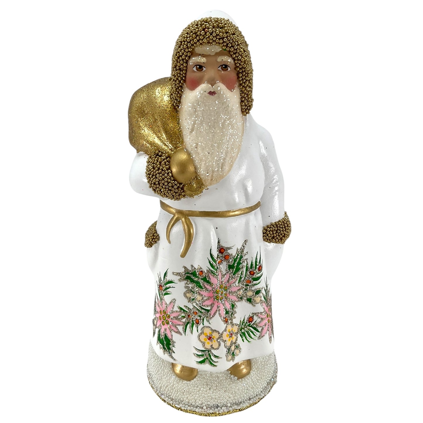 Pinnacle Peak Trading Ino Schaller White Flower Santa with Gold bag German Paper Mache Candy Container