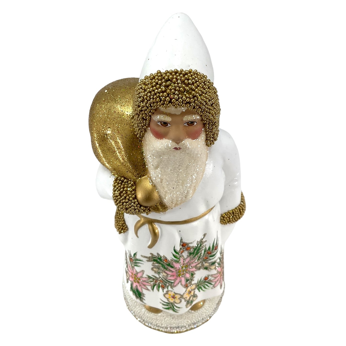 Pinnacle Peak Trading Ino Schaller White Flower Santa with Gold bag German Paper Mache Candy Container