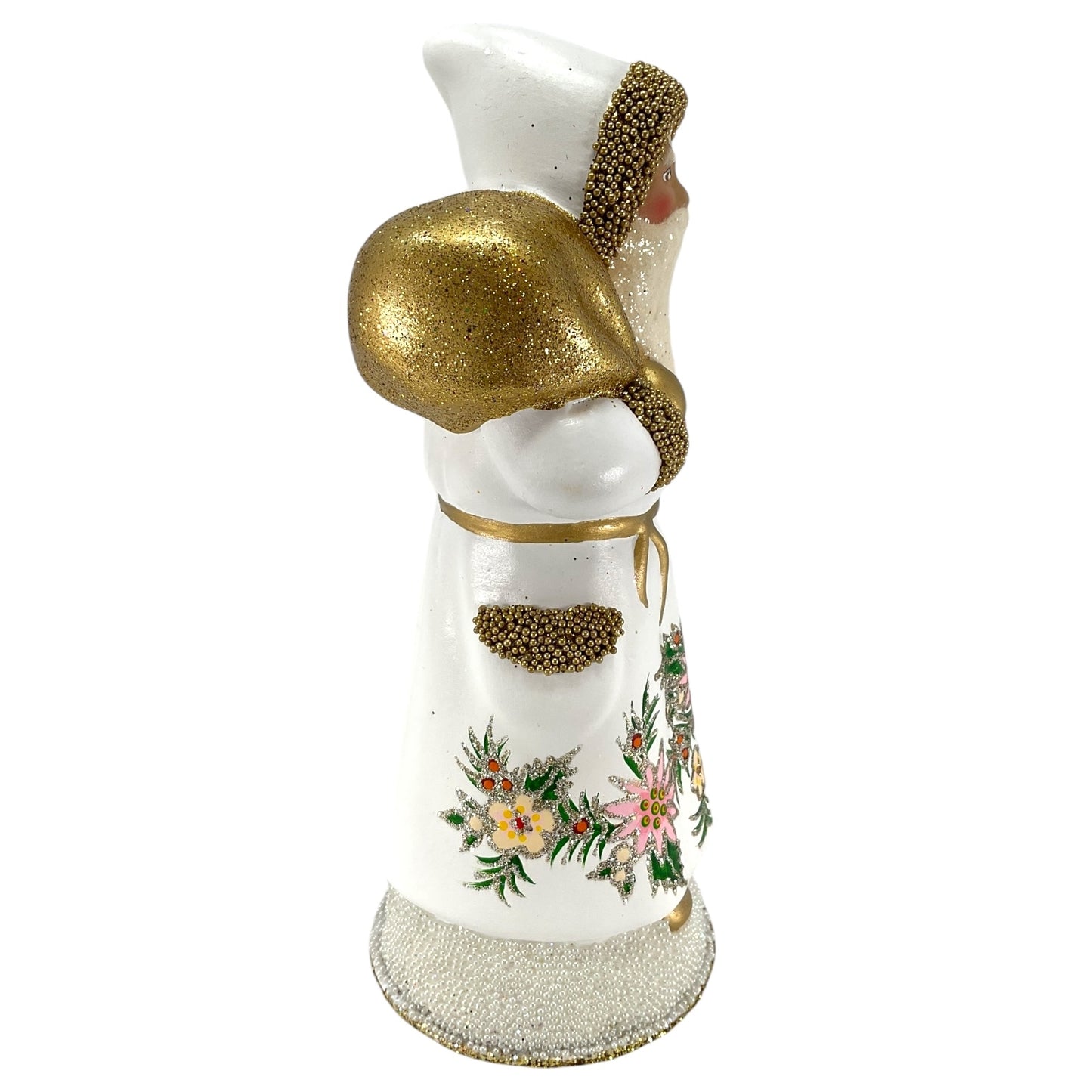 Pinnacle Peak Trading Ino Schaller White Flower Santa with Gold bag German Paper Mache Candy Container