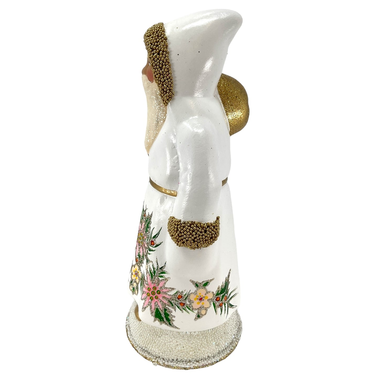 Pinnacle Peak Trading Ino Schaller White Flower Santa with Gold bag German Paper Mache Candy Container