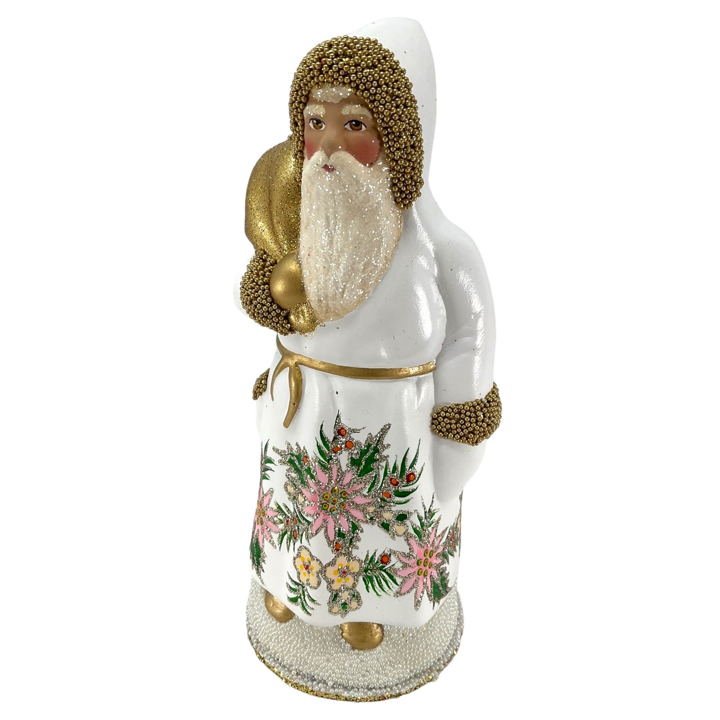 Pinnacle Peak Trading Ino Schaller White Flower Santa with Gold bag German Paper Mache Candy Container