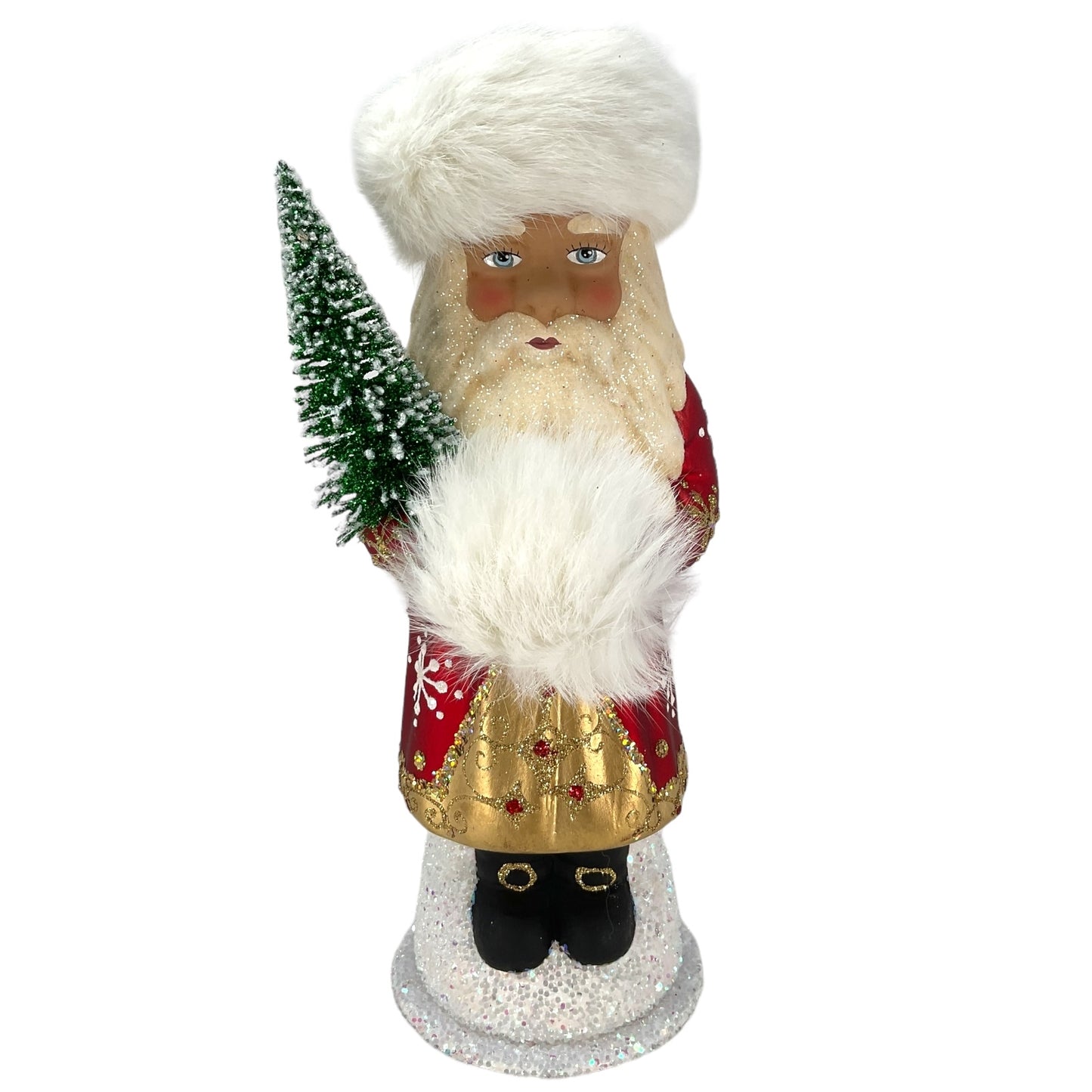 Pinnacle Peak Trading Ino Schaller Red Snowflake Russian Santa with Fur Hat German Paper Mache Candy Container