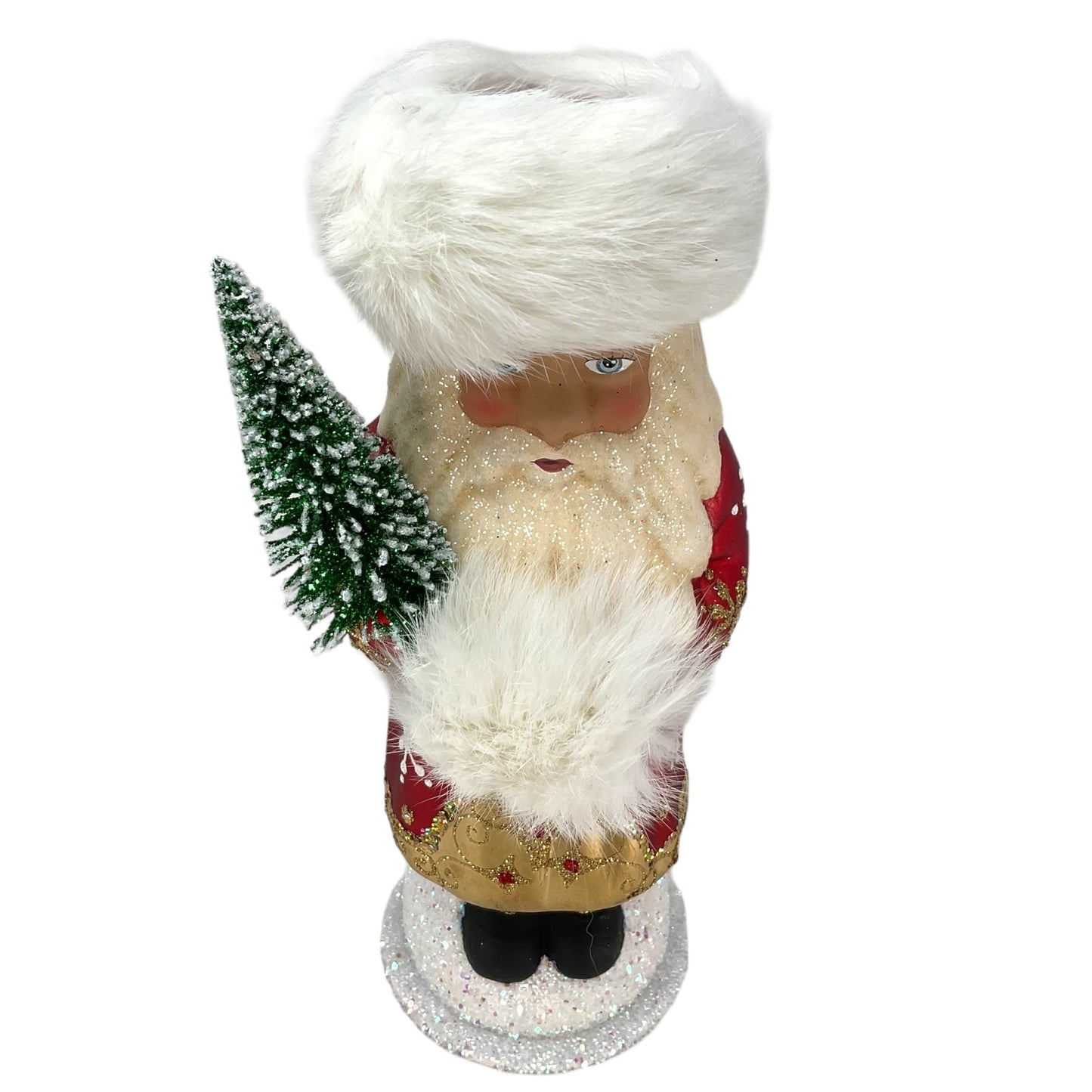 Pinnacle Peak Trading Ino Schaller Red Snowflake Russian Santa with Fur Hat German Paper Mache Candy Container