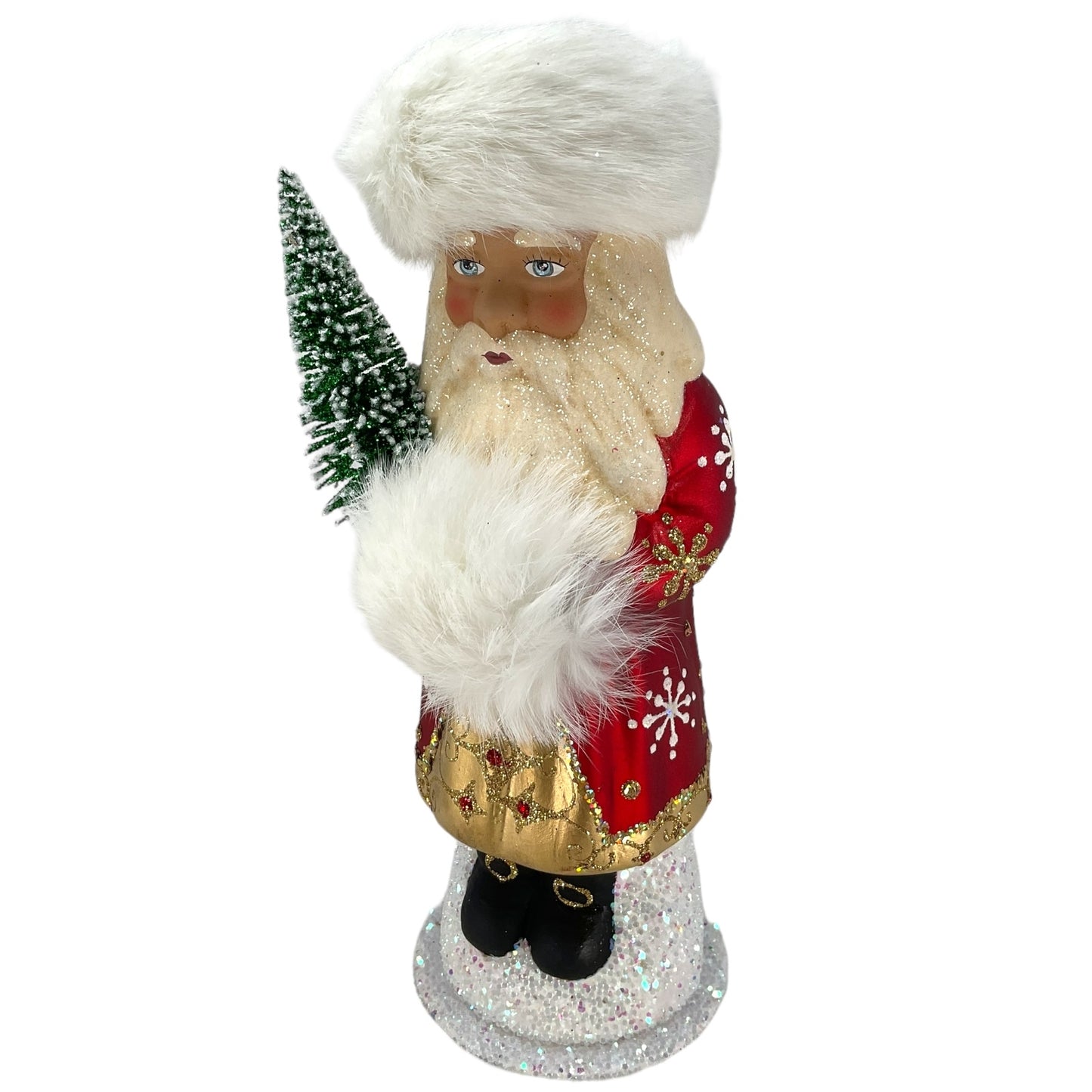 Pinnacle Peak Trading Ino Schaller Red Snowflake Russian Santa with Fur Hat German Paper Mache Candy Container