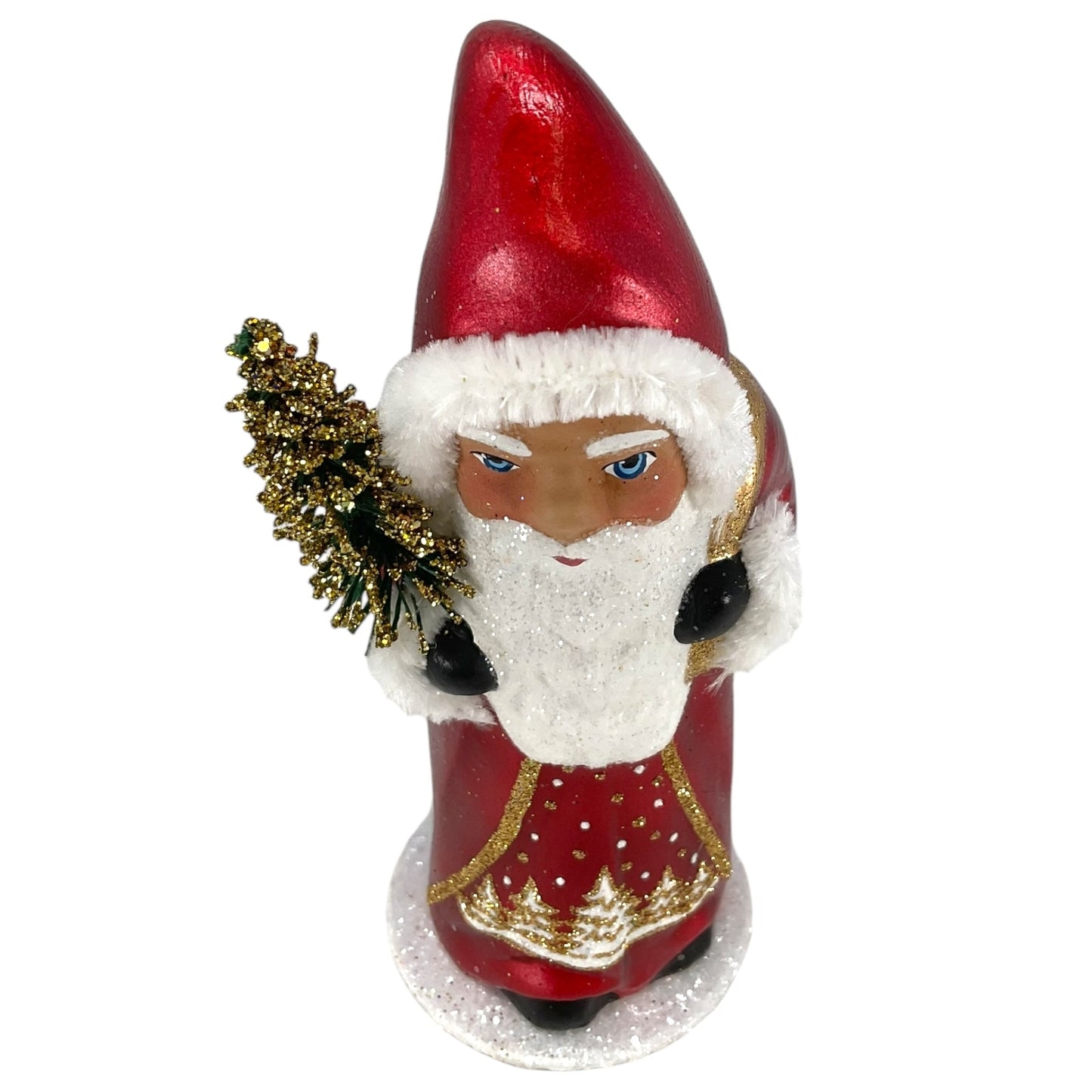 Pinnacle Peak Trading Ino Schaller Dark Red Shiny Santa with Tree Scene German Paper Mache Candy Container