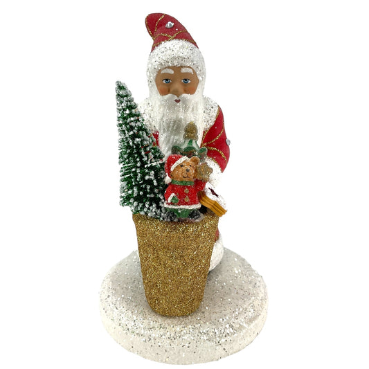 Pinnacle Peak Trading Ino Schaller Red Santa with Gold Basket and Tree German Paper Mache