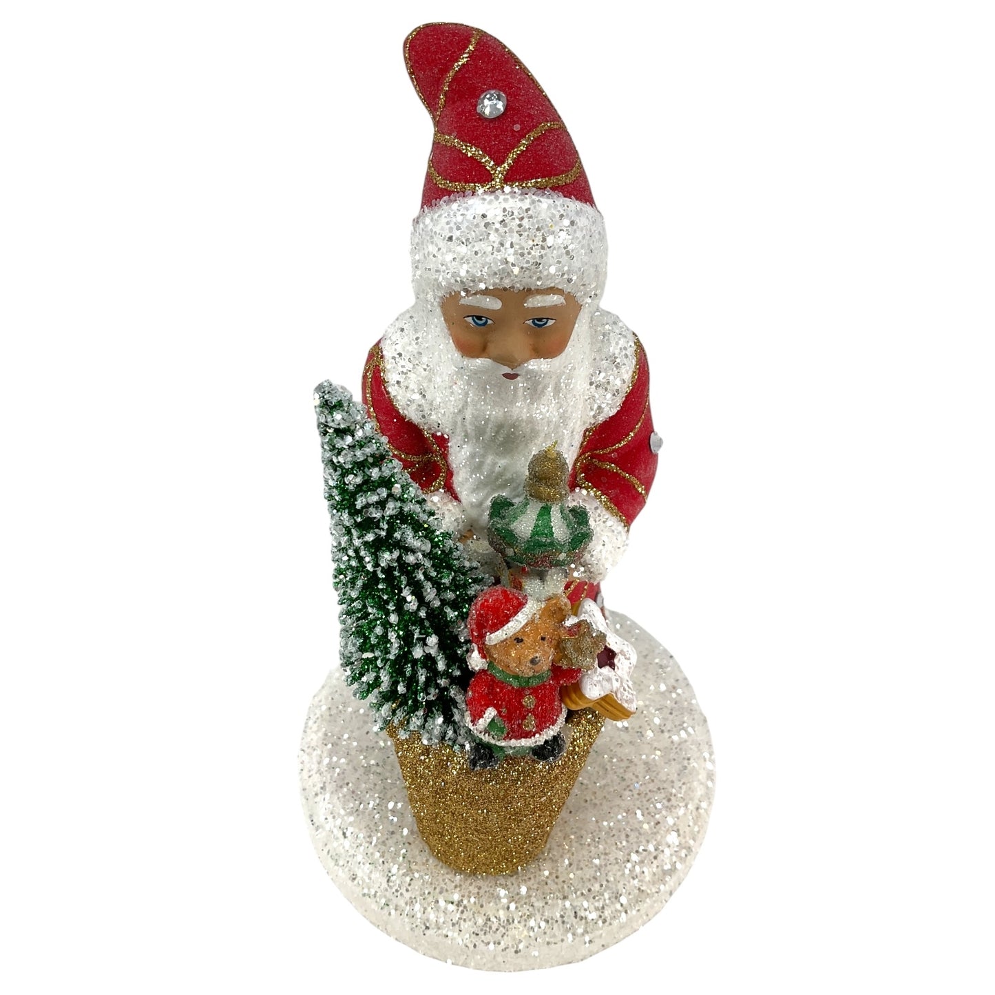 Pinnacle Peak Trading Ino Schaller Red Santa with Gold Basket and Tree German Paper Mache