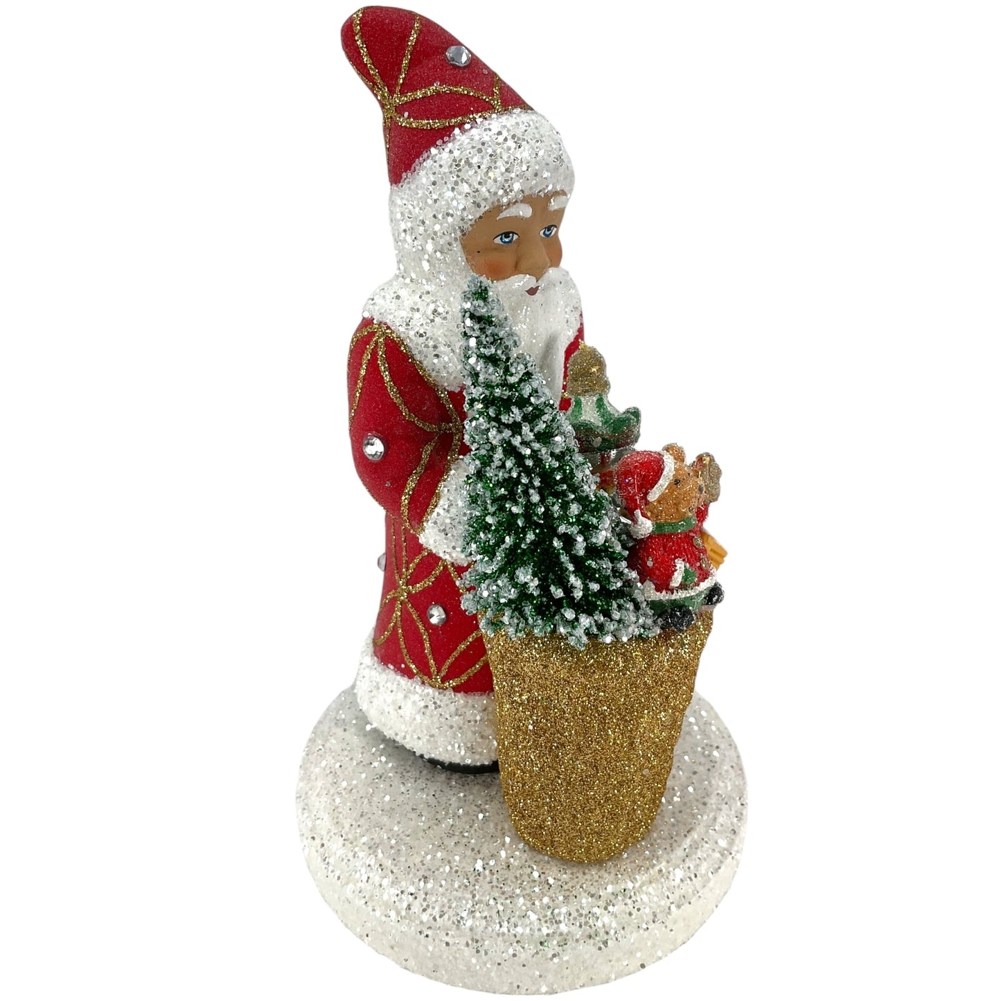 Pinnacle Peak Trading Ino Schaller Red Santa with Gold Basket and Tree German Paper Mache