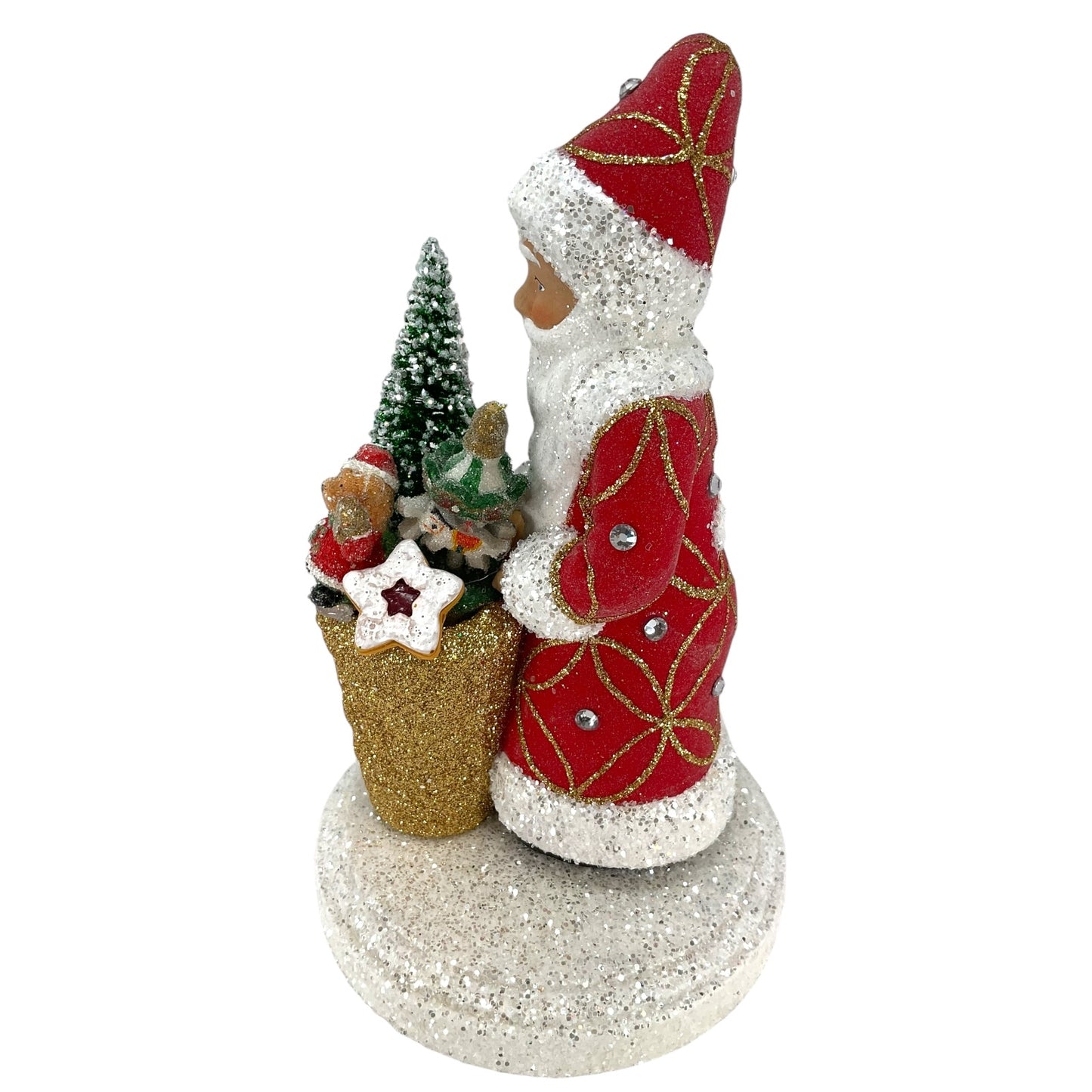 Pinnacle Peak Trading Ino Schaller Red Santa with Gold Basket and Tree German Paper Mache