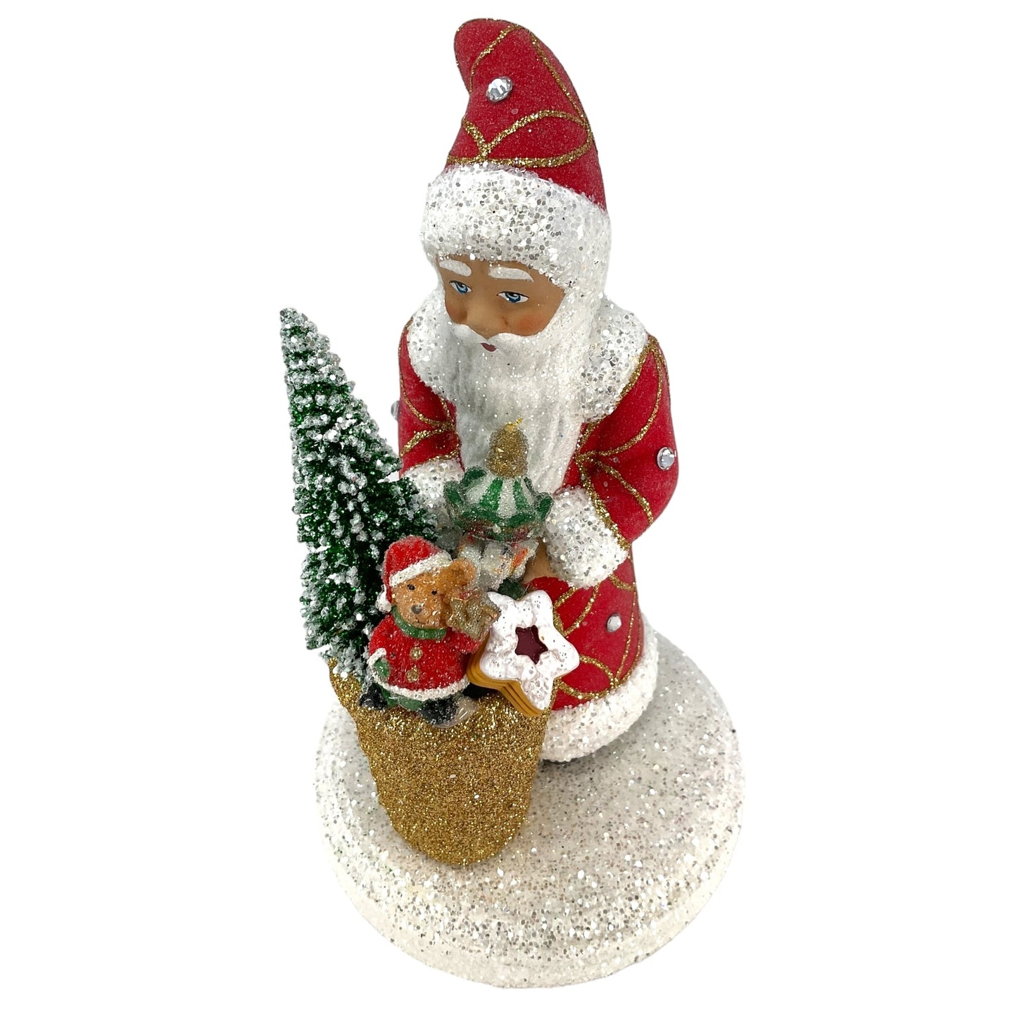 Pinnacle Peak Trading Ino Schaller Red Santa with Gold Basket and Tree German Paper Mache