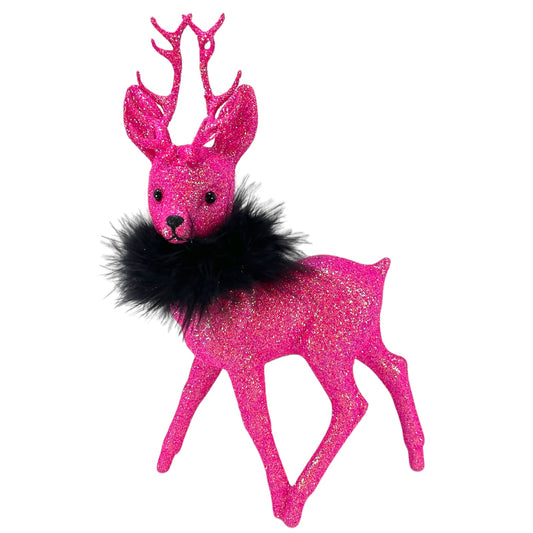 Pinnacle Peak Trading Ino Schaller Hot Pink Glitter Male Buck Deer with Black Boa Figurine 10 inch